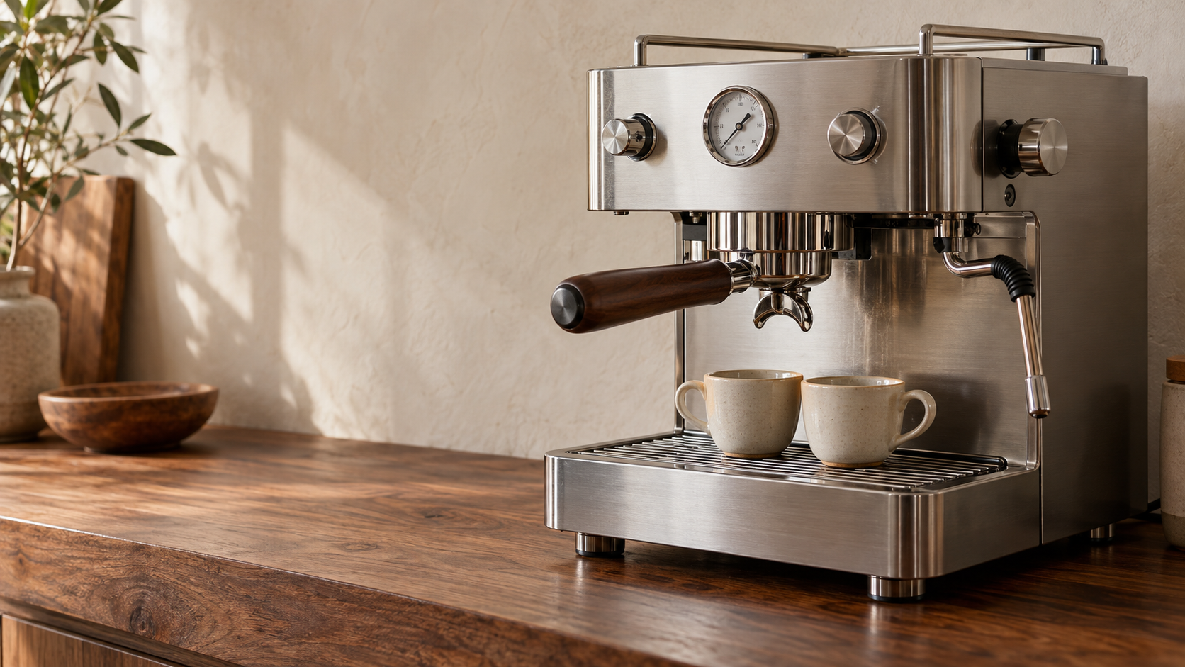 Stainless espresso machine on a walnut counter
